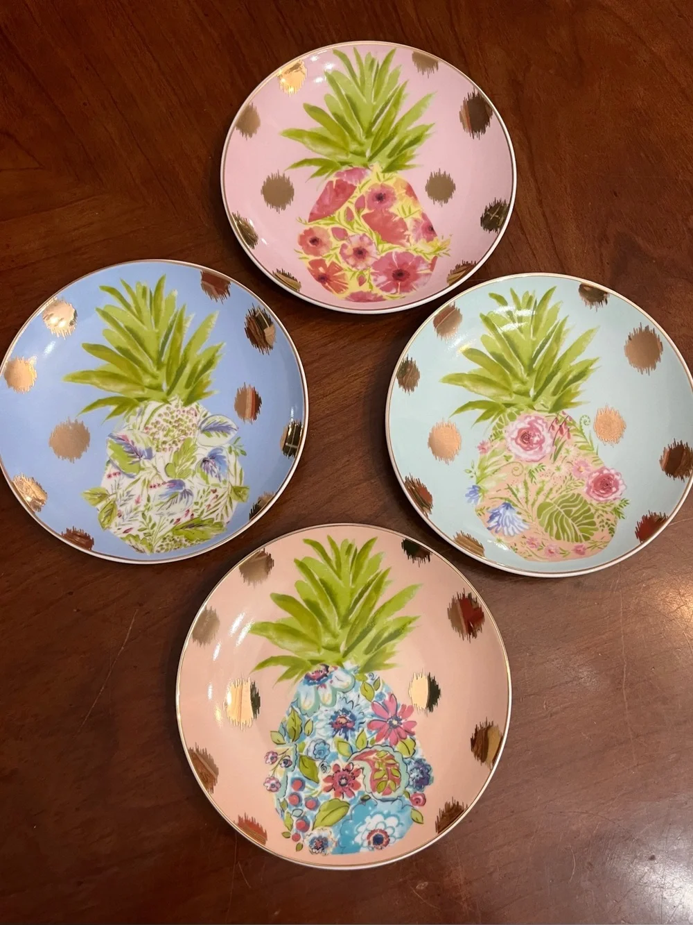 VTG Pier 1 Imports Pineapple Appetizer Plates Pastel Gold Polka Dot Set of 4